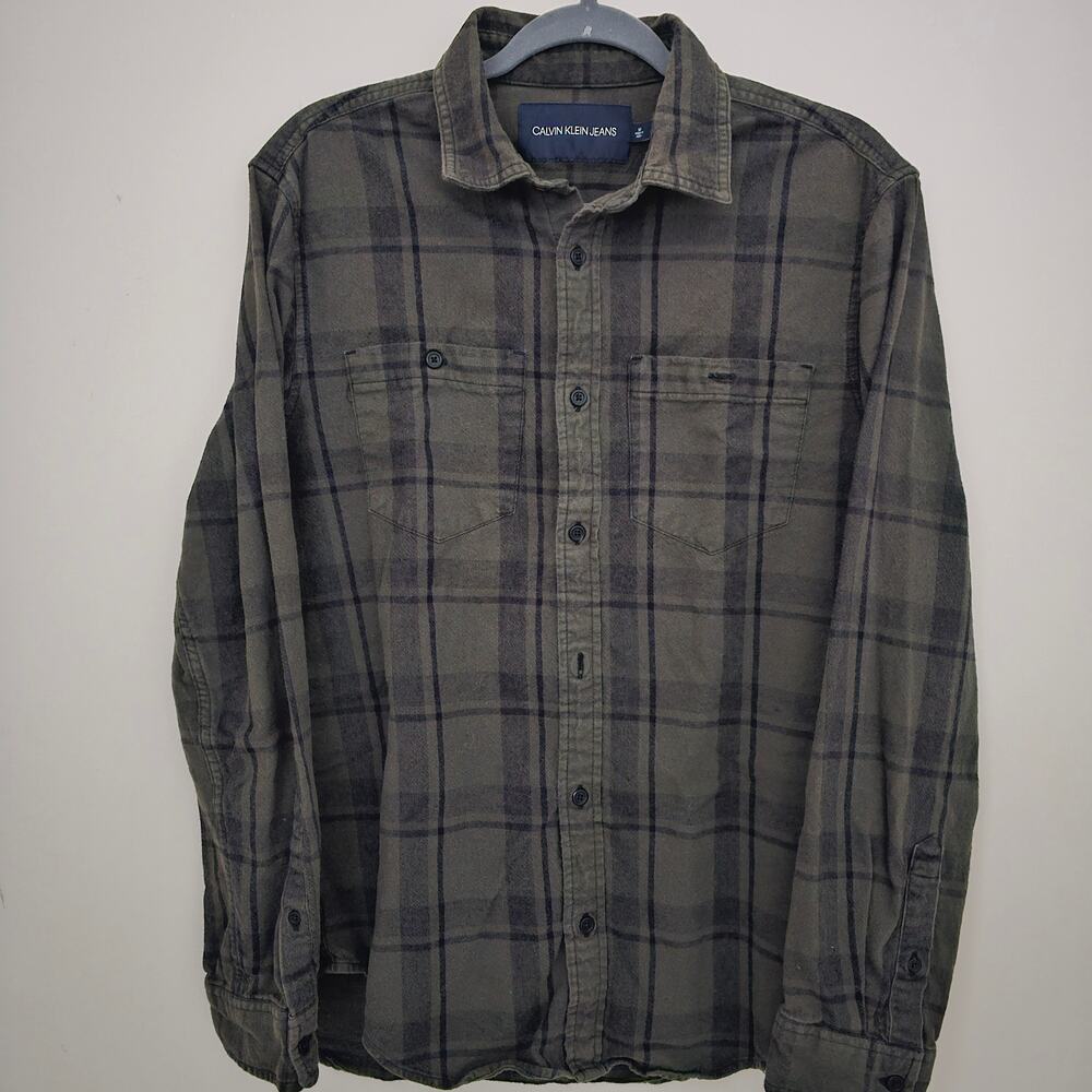 Calvin Klein Jeans Mens Plaid Button Up Shirt M Olive Green Long Sleeve 2 Pocket